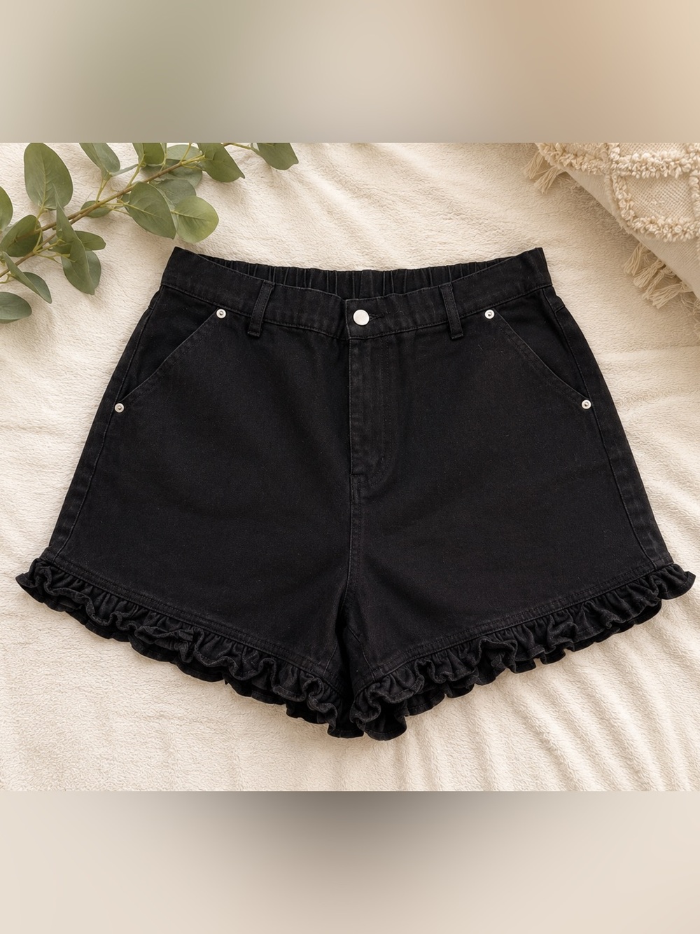 Ruffled Hem Black Jean Women's Shorts